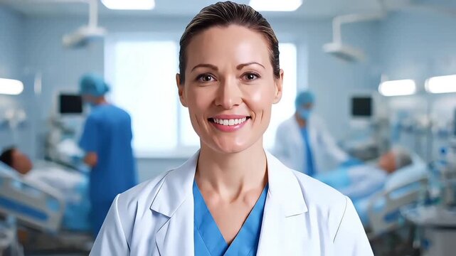 A smiling female doctor in a white coat and blue scrubs standing confidently in a busy hospital ward with patients and medical staff in the background, conveying a sense of professionalism