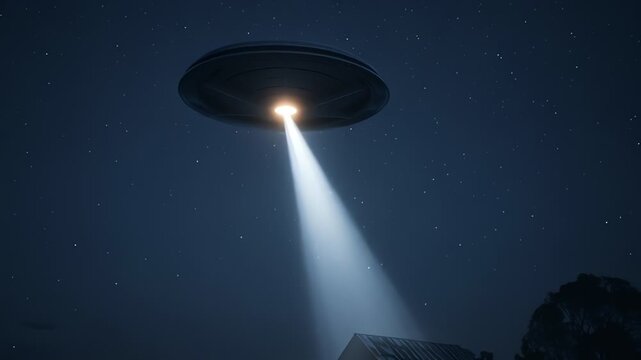UFO Hovering Over Remote Farmhouse at Night With Beam of Light