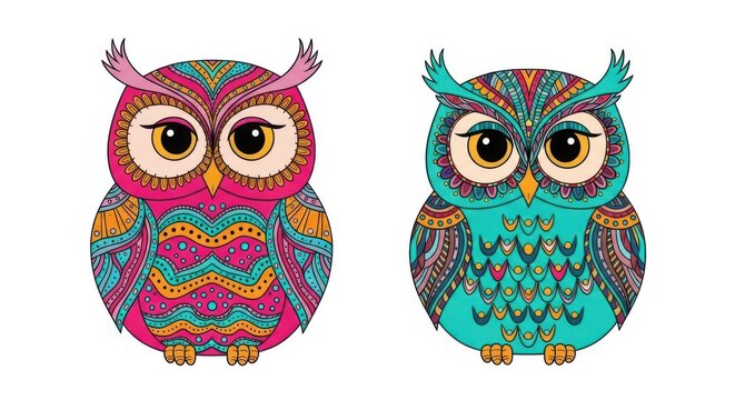 Vibrant colorful owl illustrations in modern zentangle style