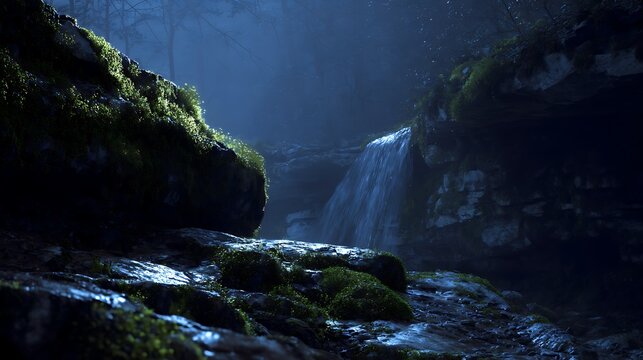Waterfall cascading over mossy dark rocks in a deep blue forest at night