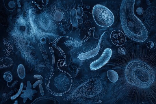 Microscopic view of diverse bacteria and microbes in dark background. Detailed digital illustration of pathogenic microorganisms, medical research and scientific education concept.