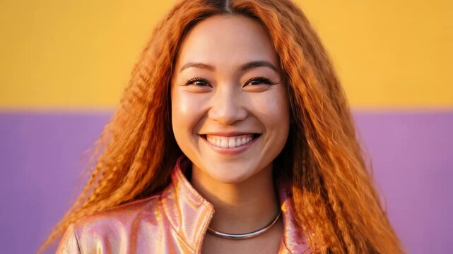Woman smiles brightly in front of colorful wall while hair blows in the wind during daytime