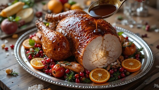 a holiday roast turkey on a silver platter, adorned with decorative garnishes like fresh pomegranates and orange slices. A ladle is poised to pour a rich, dark gravy over the carved roast. Focus on th