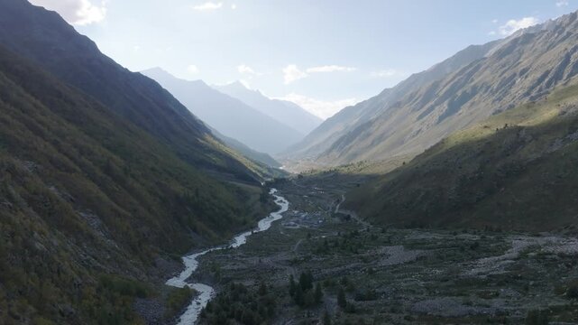 Aerial Drone shot landscape of Baspa River and Chitkul village, Kinnaur valley, Himachal Pradesh.