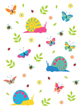 Cute garden insects flat vector illustration with snails butterflies bees and ladybugs, bright summer nature design for kids branding and fabric