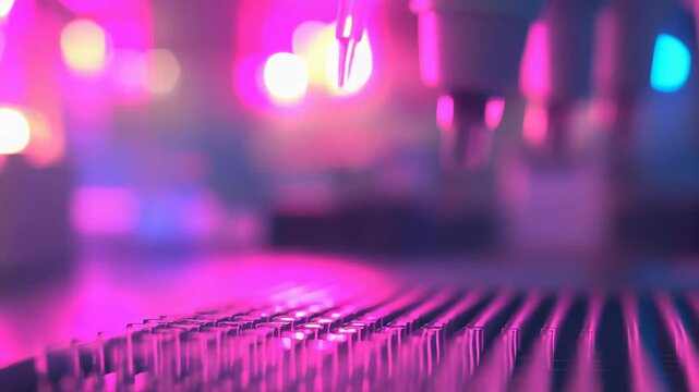 Automated lab instrument precisely aspirating and dispensing samples into a microplate under purple pink uv glow, showcasing high throughput liquid handling and futuristic biotech precision