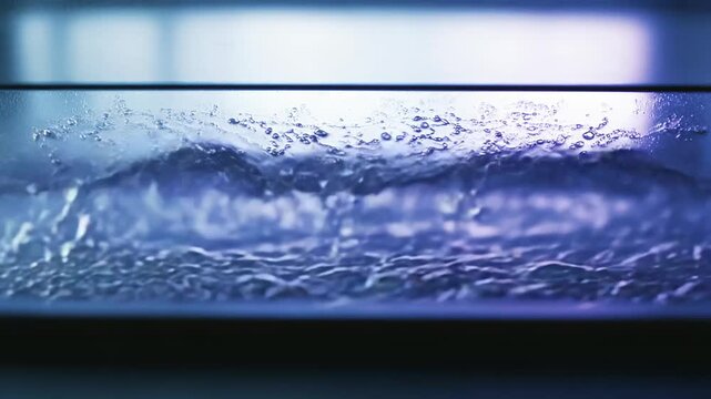 Blue liquid forming dynamic waves, splashes and effervescent bubbles, capturing abstract fluid motion, shimmer and refreshing clarity in a close up, vibrant composition