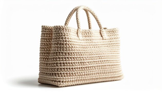 Handmade Woven Beige Raffia Tote Bag with Handles on White Background