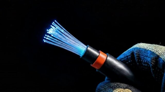 Video, close-up, illustration of a hand holding an optical cable while wearing gloves, internet, telecommunications, technology, black cable, network