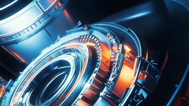 Abstract mechanical structure creating a futuristic background, featuring interlocking gears and metallic elements with vibrant blue and orange light accents