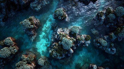 Obraz premium Aerial view of dark blue ocean water surrounding jagged coral reef rock formations