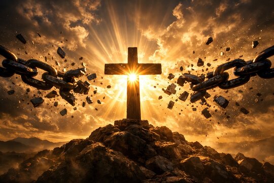Stone Cross Breaking Chains on Mountain Peak with Sunburst