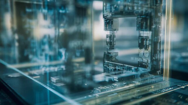 Advanced quantum processor board with intricate circuitry and glowing blue data lines, symbolizing cutting edge ai, high tech computing, cybersecurity, and futuristic digital networks