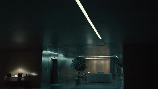 Modern minimalist office lobby with sleek reception desk, potted green plant and elevator framed by cool cinematic lighting and polished metallic finishes, empty and elegant