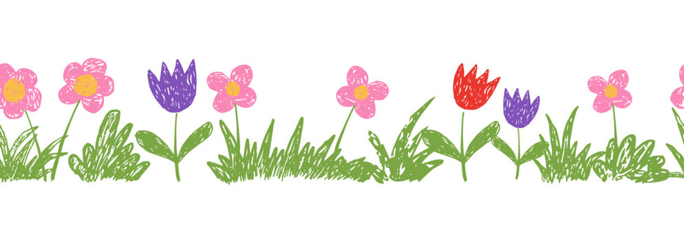 Childlike kids drawing floral border with grass, flowers chalk or crayon scribble texture. Spring summer plants, meadow seamless ornament