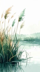 Obraz premium Watercolor Painting of Grasses and Reeds at the Edge of Calm Water