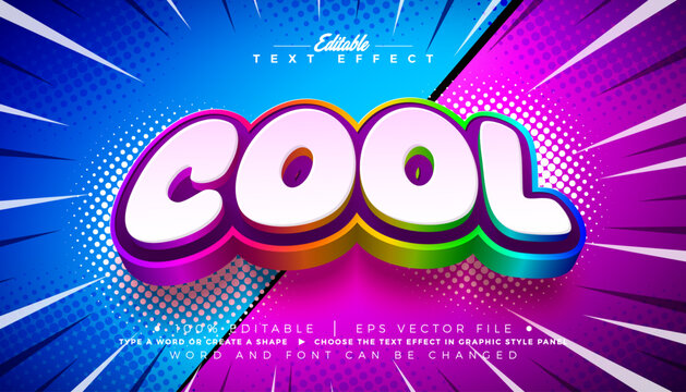 Cool Text Effect Design Editable Comic Vector Graphic Style with Rainbow Color 3d Cartoon Font on Retro Pop Art Movie Background. Premium Customizable Typography Lettering Illustration Template
