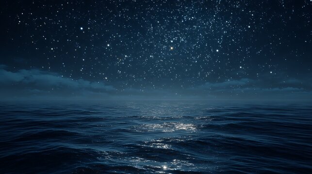 Dark ocean waves under a starry night sky with scattered clouds