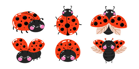 Cute ladybug characters clipart set. Hand drawn vector illustration of red ladybird with black spots and smiling faces isolated on white background for kids nursery decor, stickers and baby shower © Svitla