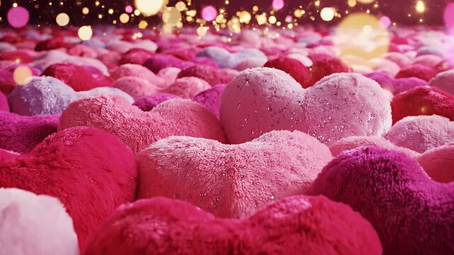 Plush Heart Cushions with Glittering Bokeh - The video features numerous plush heart-shaped cushions in various shades of pinks and reds, forming a soft and inviting texture.