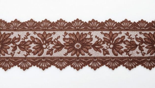 Elegant brown lace border pattern, decorative textile design, isolated on white background, symmetrical ornament, high detail