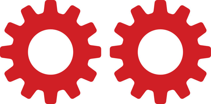 Two vibrant red gear icons, simple cogwheel vector graphics, industrial mechanism symbols, engineering and setting concepts for web design and app development