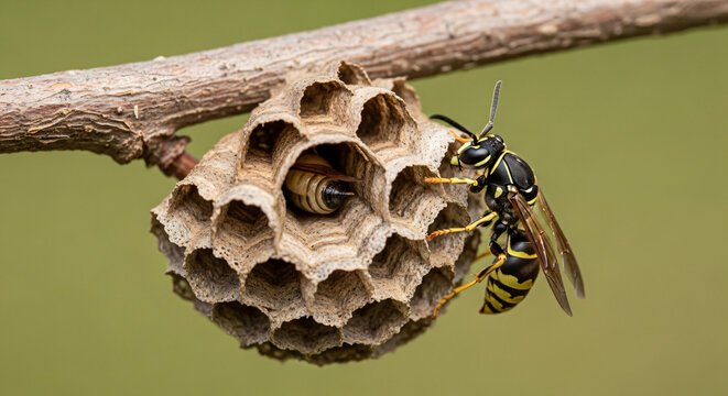 Wasp pollinating near its nest on a branch in nature  