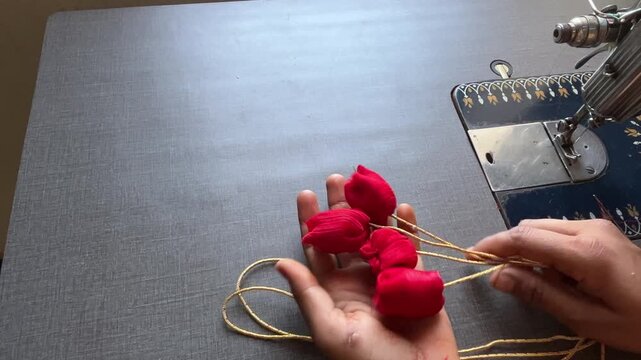 Tailor Making Red Fabric Latkan Tassels with Sewing Machine