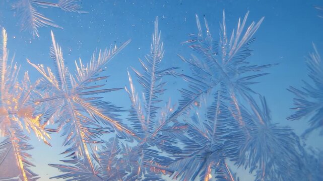 Macro view of frost crystals on glass illuminated by winter sunlight