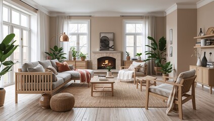 Fototapeta premium Bright Modern Living Room with Fireplace Beige Walls and Natural Light