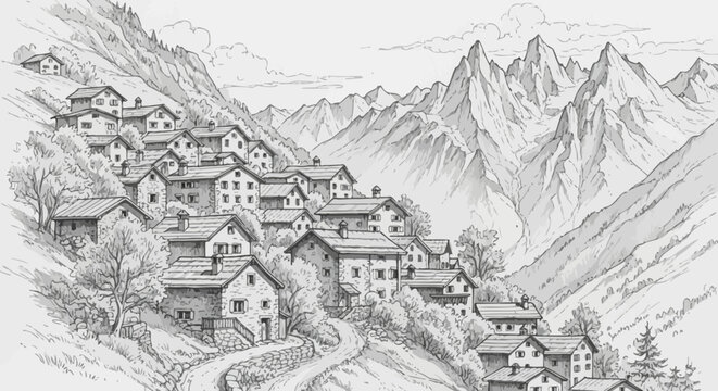 Hand-drawn illustration of a charming mountain village with stone houses.