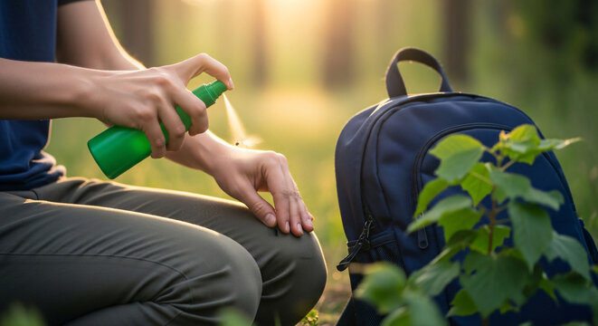Person applying insect repellent on arm while sitting outdoors  