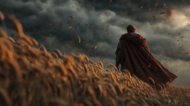 Robigalia:Dramatic cinematic portrait of Robigus,ancient Roman deity of grain rust and crop disease,depicted as a powerful ethereal male figure emerging from red-rust infected wheat fields at twilight