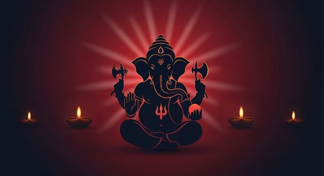 Minimalist Lord Ganesha Silhouette Poster with Diya Lights for Ganesh Chaturthi Festival Design