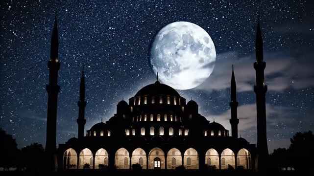 Mosque Silhouette at Night Under a Full Moon - This video captures a mosque silhouetted against a night sky filled with stars and a large full moon.