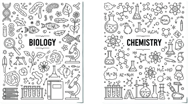 Biology and chemistry science doodle set with laboratory equipment molecules microscope plants education research hand drawn vector illustration