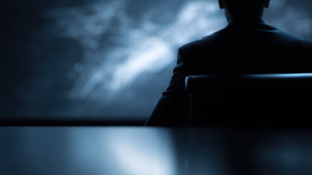 Executive sitting in a dark boardroom, glowing holographic charts, authoritative mood