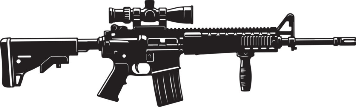 Tactical rifle, assault gun, black firearm, vector illustration, modern weapon