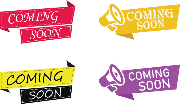 Coming soon icon set collection group modern announcement sign symbol label badge notice message update release launch reminder alert marketing promotion design flat vector.