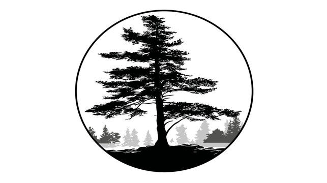 Black silhouette of a pine tree in an oval, with other trees and water behind it