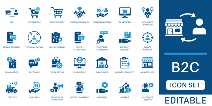 B2C and e-commerce icon set. featuring shopping cart, customer loyalty, mobile payment, business strategy, and retail logistics in blue flat design style.