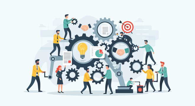 Teamwork and Collaboration: People working together to build a complex mechanism