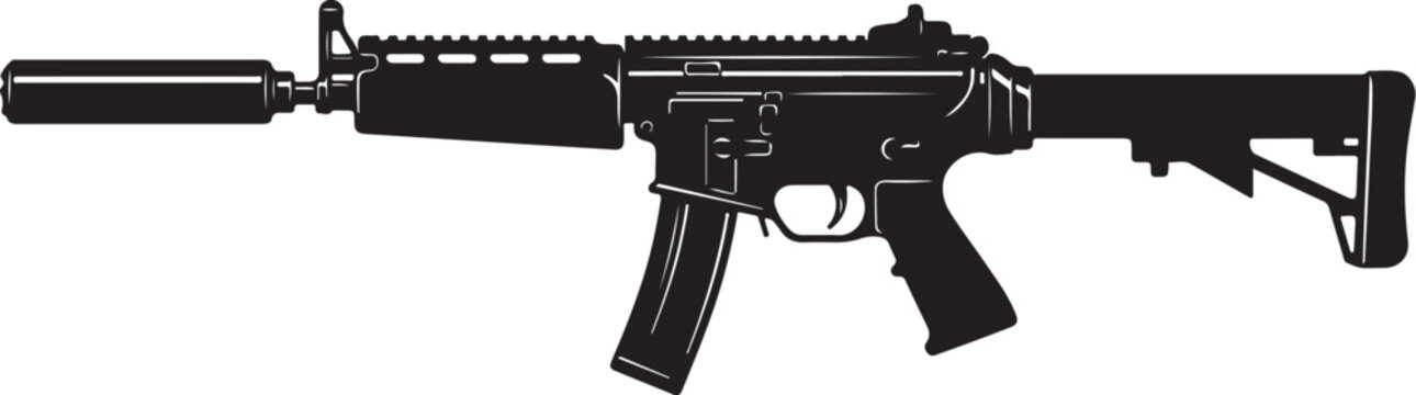 Black assault rifle, modern firearm, vector illustration, gun silhouette, weapon design
