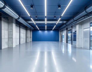 Obraz premium Empty Modern Blue and Gray Interior with Fluorescent Lights and Ventilation Ducts