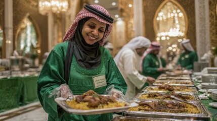 Obraz premium Female server arranging food trays in ornate banquet hall