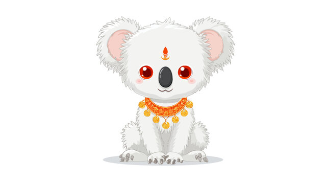 Adorable cartoon koala with white fur, big red eyes, decorative forehead mark, and jeweled necklace