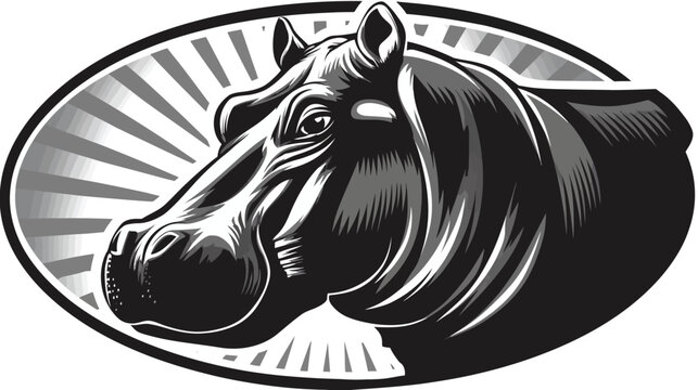 Grayscale hippo head illustration in front of a radiating oval background