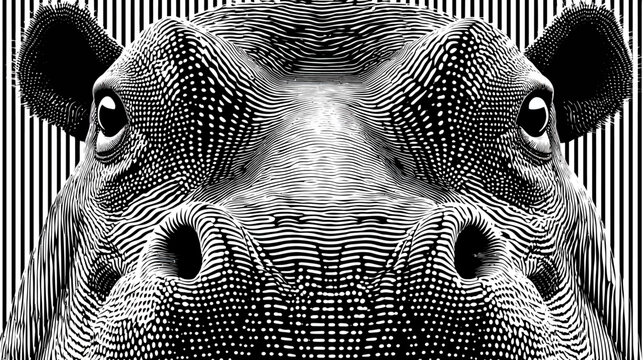 Striking monochrome art of a hippo's face, delineated with patterned lines on a striped background