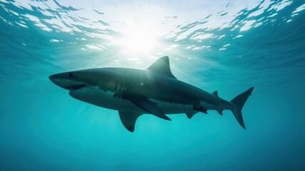 Fototapeta premium Apex Predator Great White Shark swimming in sunlit ocean for marine biology research