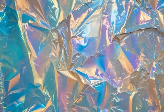 Iridescent crumpled foil background with rainbow light reflections and texture